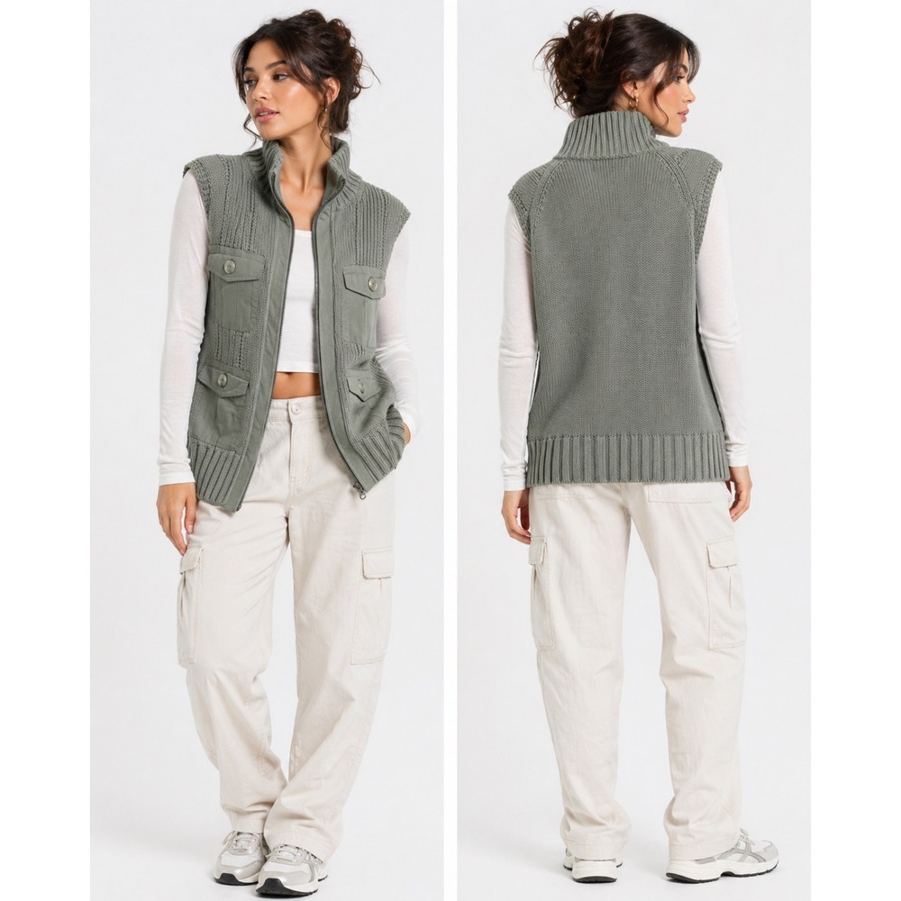Eddie Bauer Sweater Vest Womens Size M Olive Green Full Zip Utility Gorpcore